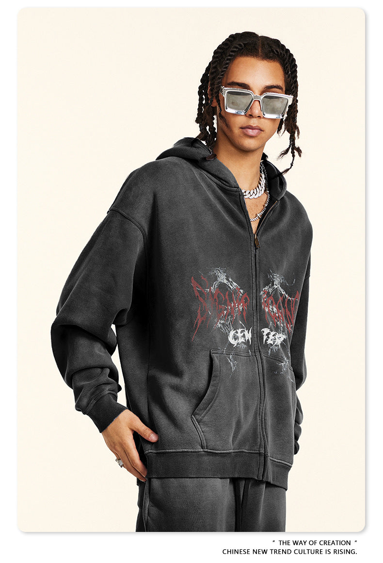 Distressed Double Zip Up Hoodie